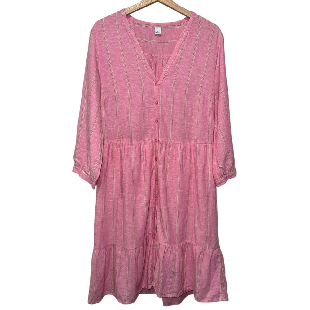 Old Navy Peasant Midi Dress Sz L Pink Linen Blend 3/4 Sleeve Tiered Cottagecore